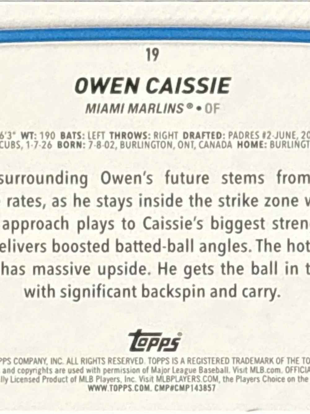 Topps Miami Marlins Owen Cassie Rookie Baseball Card